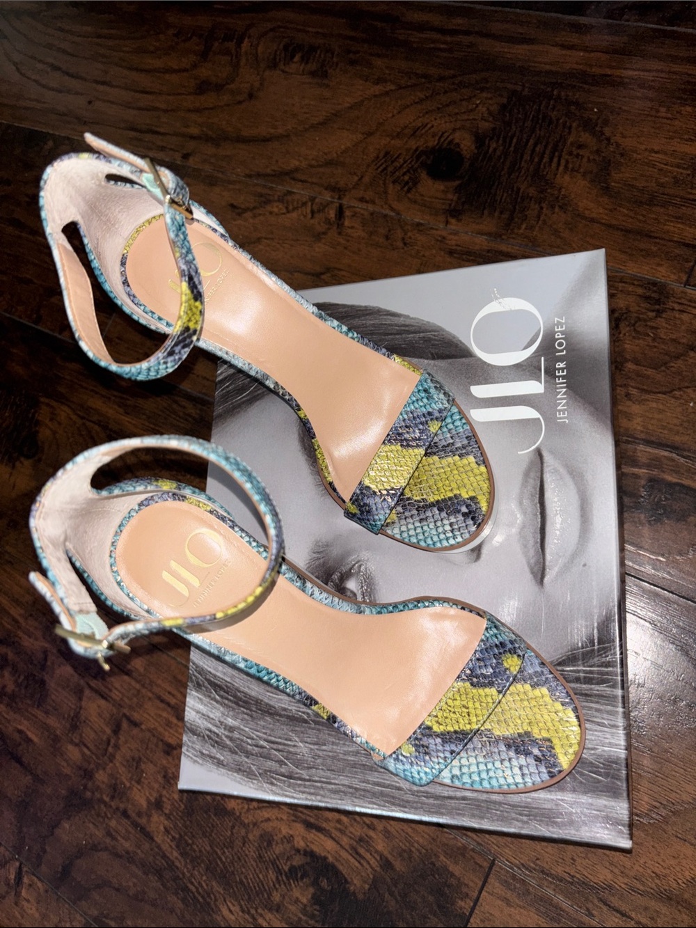 Jennifer Lopez Yellow & Blue Snake-Print Ankle Strap Sandals